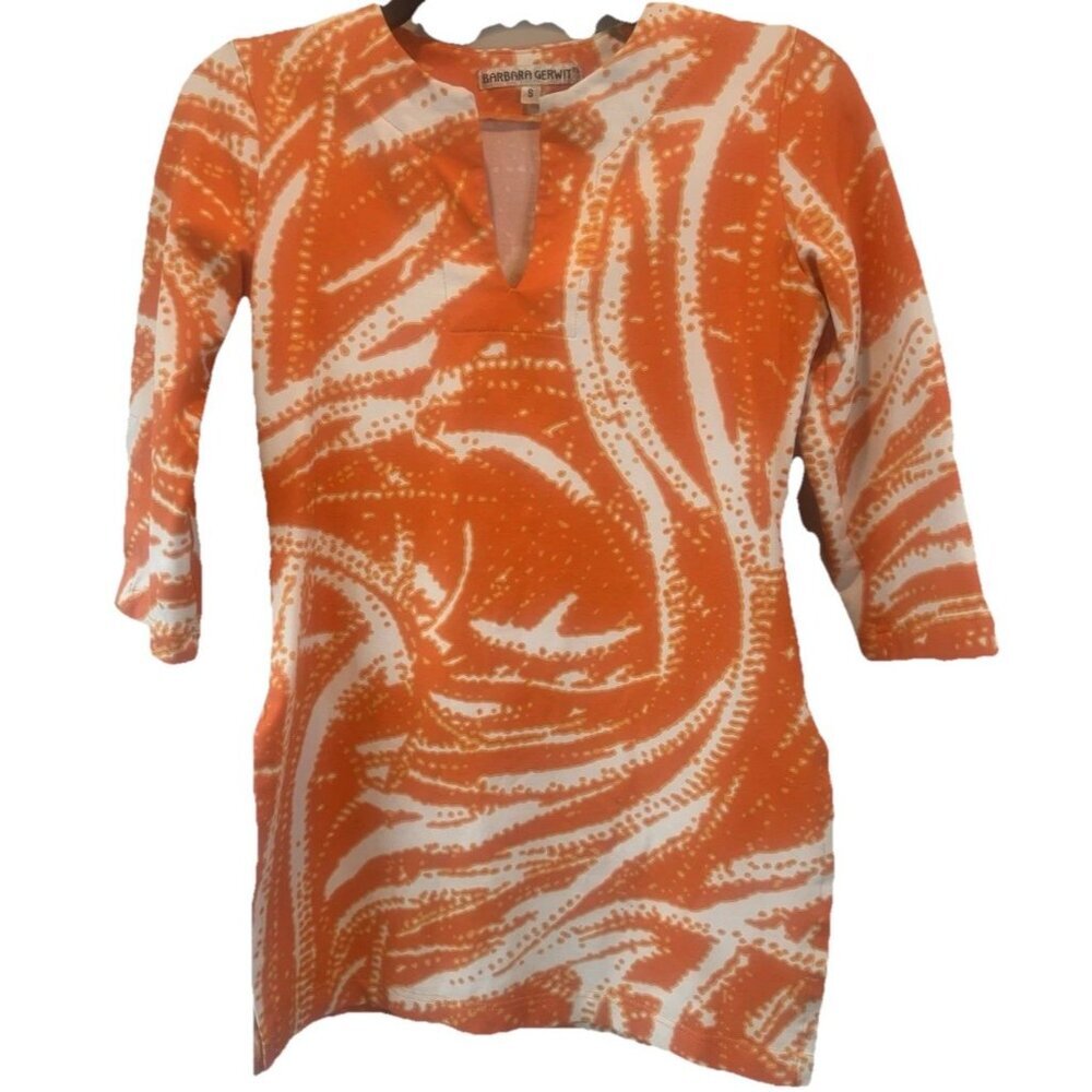 Barbara Gerwit Orange White‎ V Neck Tunic Top Small Beach Coastal Resortwear
